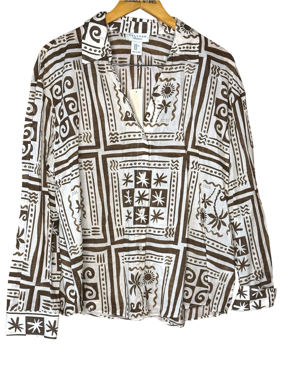 💚 Calypso St. Barth XL Button Front Blouse Brown White Tribal Island Print